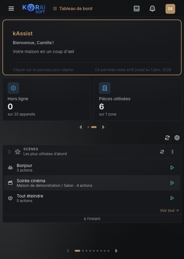Tableau de bord kAssist sur une largeur étroite : compteurs d'appareils et de pièces, puis les scènes empilées