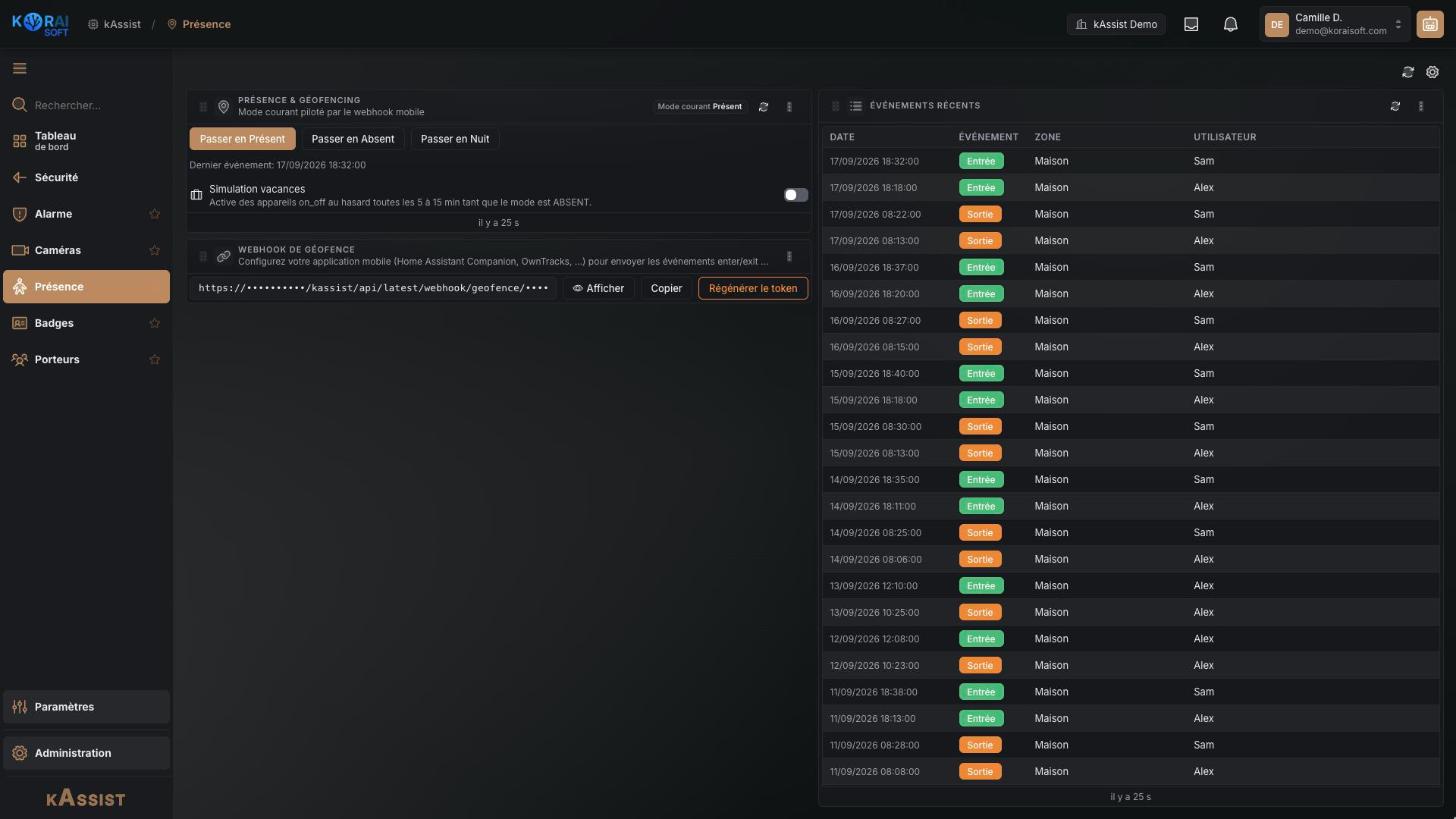 Écran Présence : mode courant piloté par le webhook mobile, bascules Présent, Absent et Nuit, simulation de vacances, URL du webhook de géolocalisation avec régénération du jeton, et journal des entrées et sorties par zone et par utilisateur