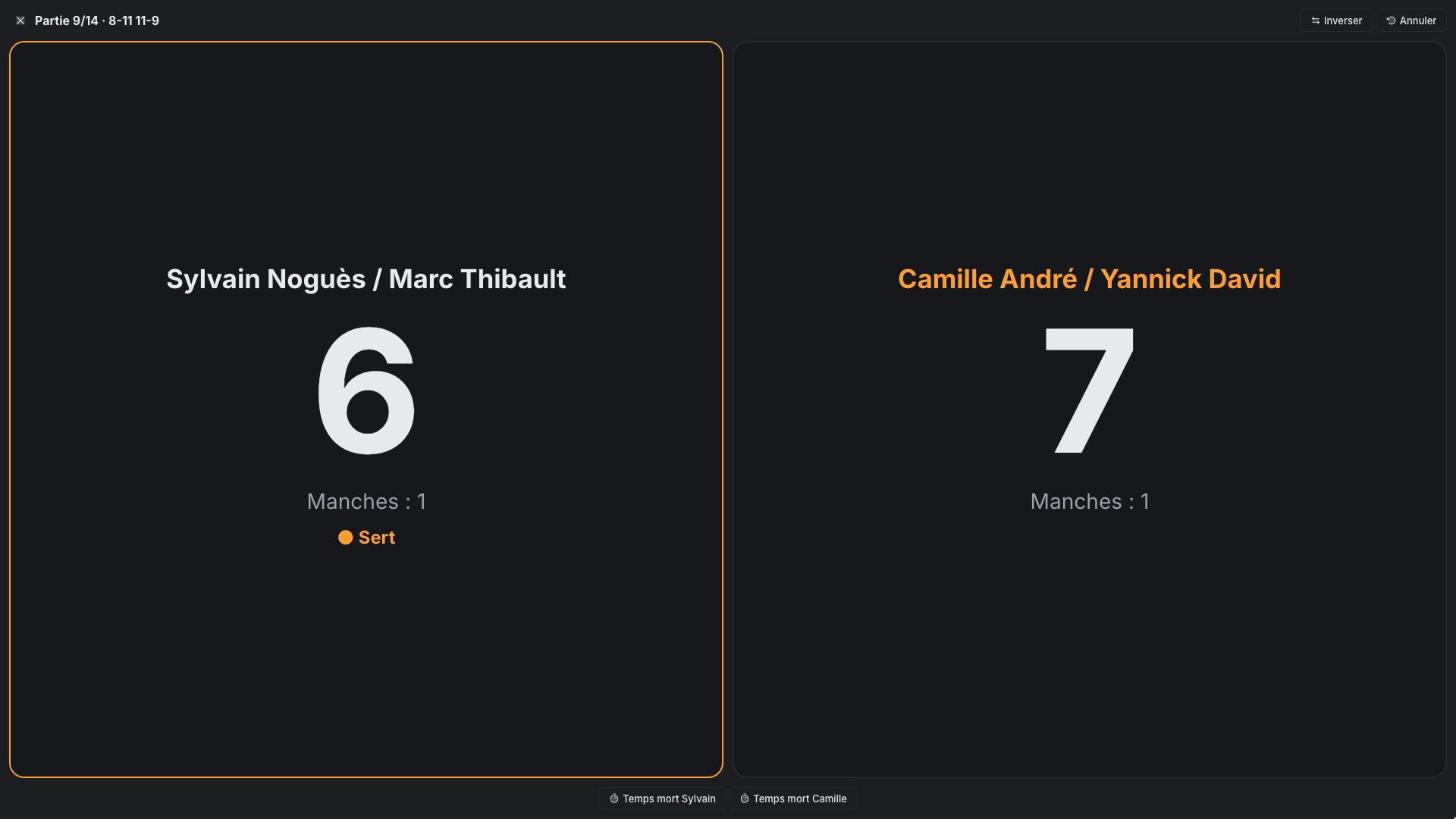 The referee screen: one match full screen, the score on each side and the player serving