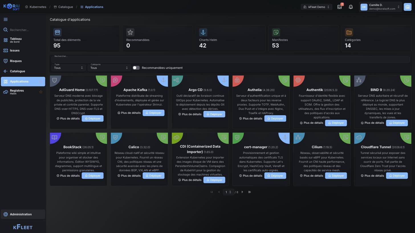 Application catalogue: tiles of deployable applications with version and description, sorted by category
