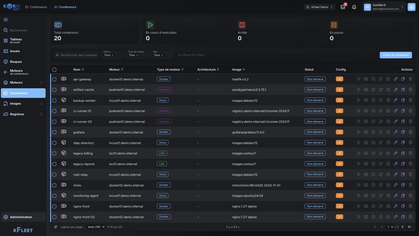 kFleet container list spanning Docker, Podman, Incus and LXC, with engine, image, state and configuration version