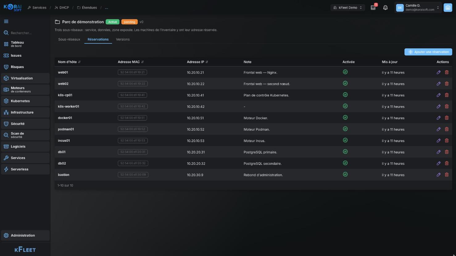 DHCP scope reservations: hostname, MAC address, reserved IP address and note