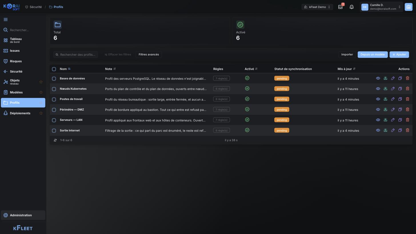 List of nftables firewall profiles with their note, rule count and sync state