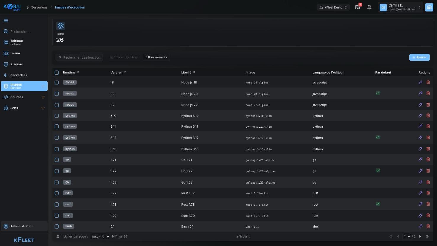Available serverless runtime images, with their language and version