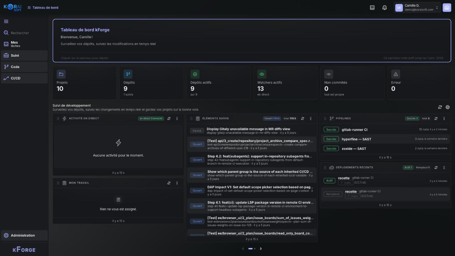Tableau de bord kForge : projets suivis, dépôts agrégés depuis plusieurs forges, activité git récente et tickets ingérés