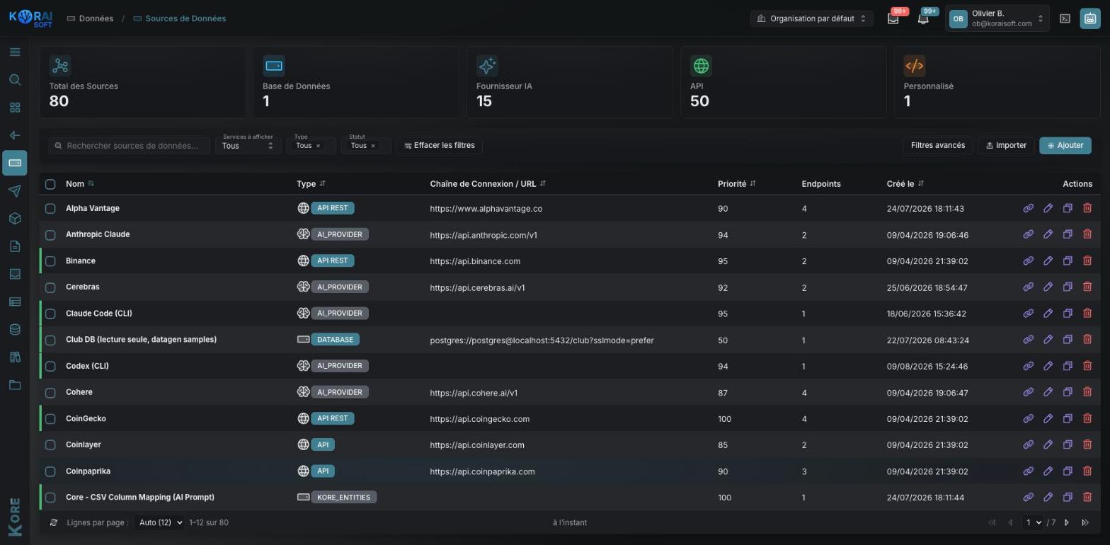 Sources de données configurées, réparties par type : base de données, fournisseur d’IA, API REST, personnalisé — avec URL, priorité et nombre de points d’accès