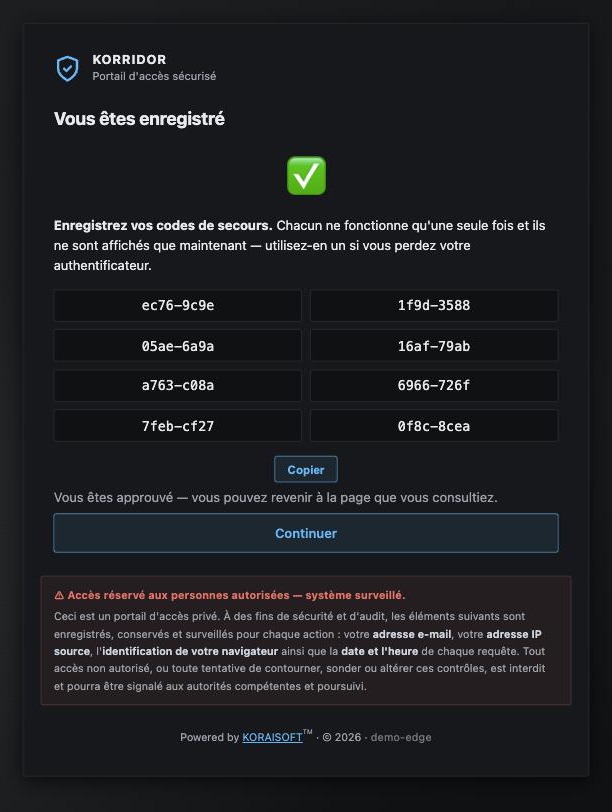 Backup codes screen: the list of one-time codes, with the warning to keep them offline