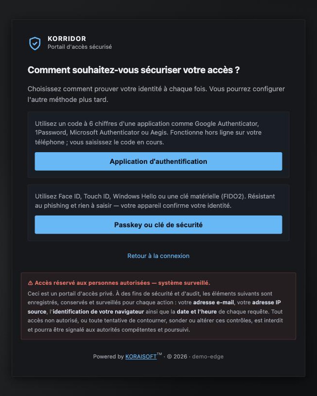 Second-factor choice screen: authenticator app or passkey, each with its description