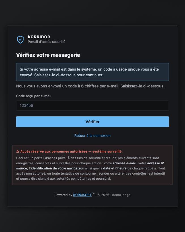 Screen for entering the one-time code received by email, with the recipient address partly masked