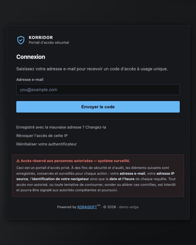 korridor access portal: the visitor enters their email address to receive a one-time code, under an authorised-access warning