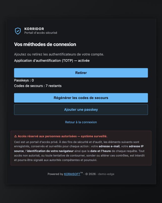 Authenticator management screen: enrolled methods, adding a passkey, regenerating backup codes
