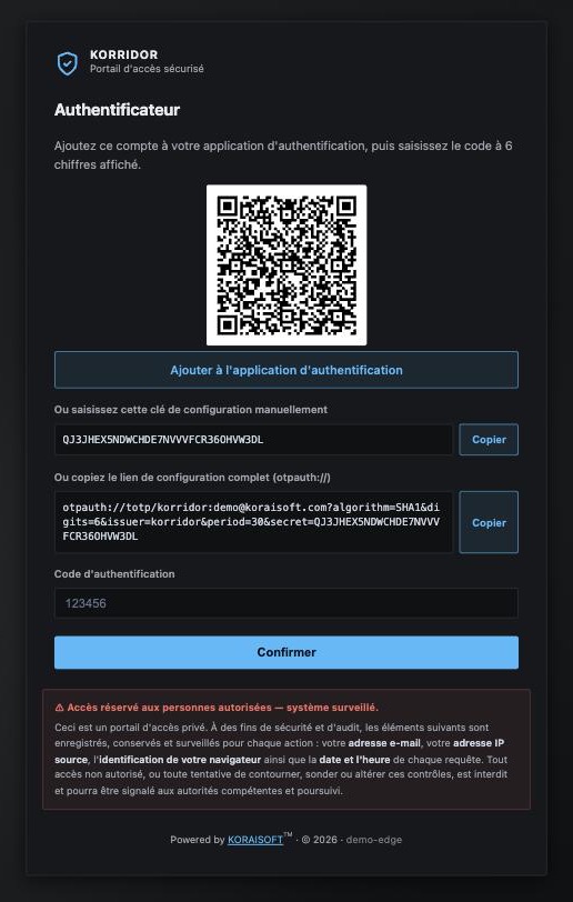 Authenticator enrolment screen: QR code, the setup key in clear, the otpauth link and a confirmation field